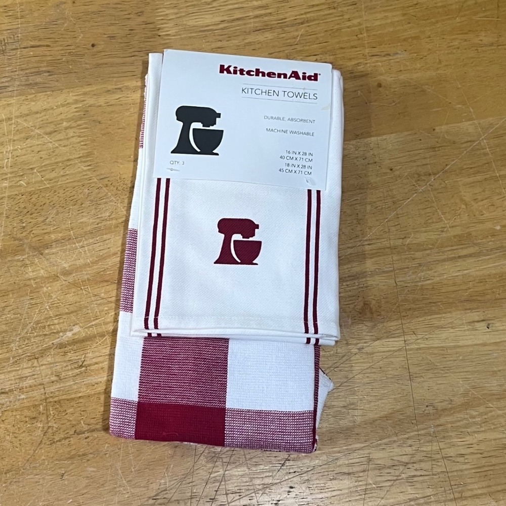 KitchenAid 3 Pack Kitchen Towels Red White Buffalo Check Mixer Logo New